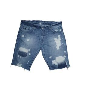 True Religion Men’s Distressed Cutoff Denim Shorts Bleach Wash Blue Size 40